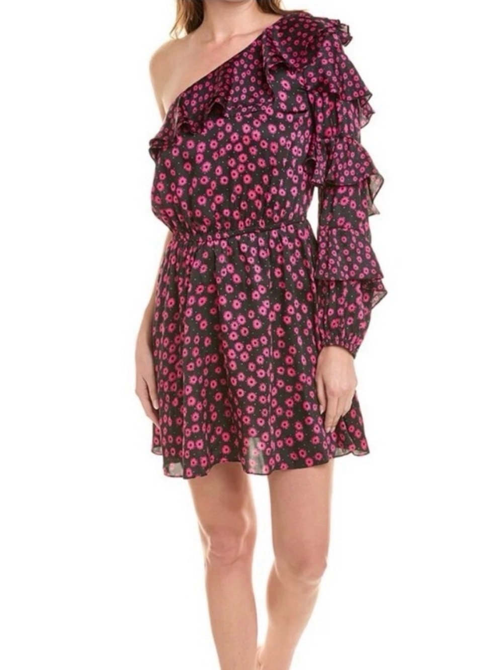 The Kooples Black Pink Daisy Dots One Sleeve Dress Size EU 1/US 2-4, Small NWT